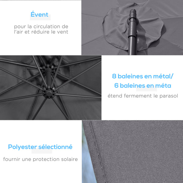 Parasol déporté octogonal rabattable diamètre 3 m parasol de jardin avec pied en croix gris