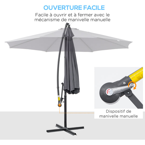 Parasol déporté octogonal rabattable diamètre 3 m parasol de jardin avec pied en croix gris