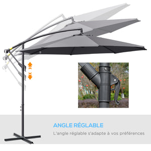 Parasol déporté octogonal rabattable diamètre 3 m parasol de jardin avec pied en croix gris