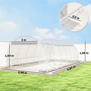 Serre tunnel de jardin 18m², serre de jardin tunnel 296x597x199cm avec cadre acier galvanisé, 2 portes, bâche PE haute densité 150g/m² prolongée de 20 cm, pour extérieur transparent