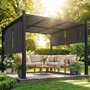 Pergola de jardin 3 x 3 m, tonnelle de jardin avec Auvent coulissant, structure métallique, abri solaire extérieur pour terrasse ou balcon, Gris Foncé