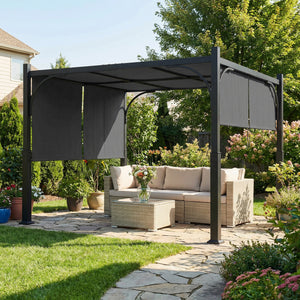 Pergola de jardin 3 x 3 m, tonnelle de jardin avec Auvent coulissant, structure métallique, abri solaire extérieur pour terrasse ou balcon, Gris Foncé
