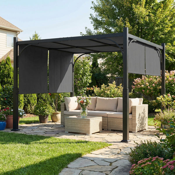 Pergola de jardin 3 x 3 m, tonnelle de jardin avec Auvent coulissant, structure métallique, abri solaire extérieur pour terrasse ou balcon, Gris Foncé