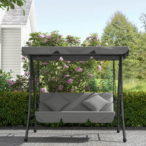Balancelle de Jardin Convertible 3 Places Grand Confort Inclinaison Toit réglable Matelas fourni 2L x 1,25l x 1,7H m métal Polyester Noir Gris clair