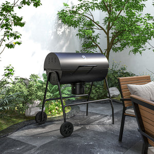 Barbecue au charbon de bois avec couvercle, barbecue charbon de bois grande taille avec grille et thermomètre, BBQ avec roues, poignée, pour jardin, patio, 95 x 71,5 x 102 cm, noir