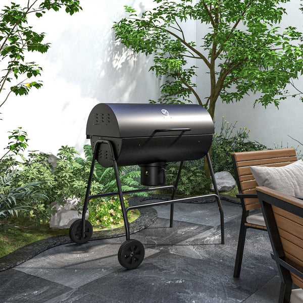 Barbecue au charbon de bois avec couvercle, barbecue charbon de bois grande taille avec grille et thermomètre, BBQ avec roues, poignée, pour jardin, patio, 95 x 71,5 x 102 cm, noir