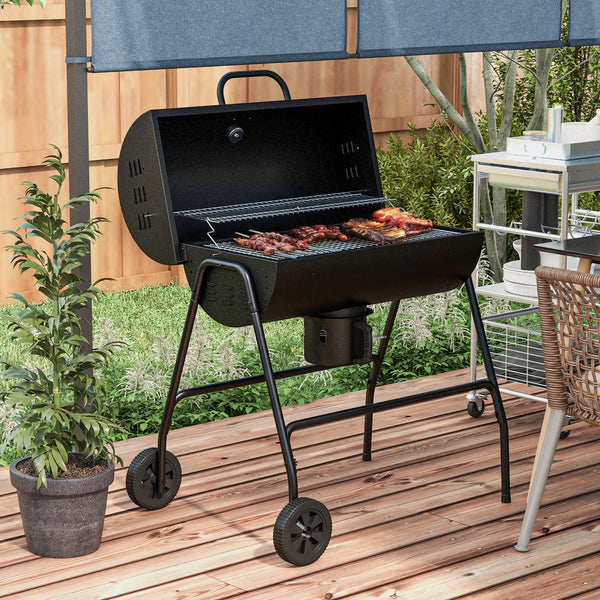 Barbecue au charbon de bois avec couvercle, barbecue charbon de bois grande taille avec grille et thermomètre, BBQ avec roues, poignée, pour jardin, patio, 95 x 71,5 x 102 cm, noir