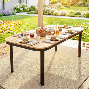 Table de Jardin Rectangulaire pour 4-6 Personnes, Plateau en WPC à Lattes, Bords Arrondis, Structure en Métal, Table à Manger de Jardin pour Balcon Terrasse, 155x88x72cm, Naturel