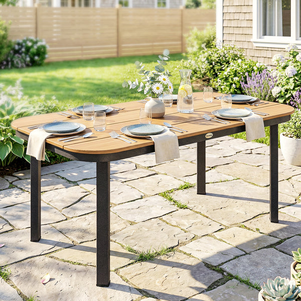 Table de Jardin Rectangulaire pour 4-6 Personnes, Plateau en WPC à Lattes, Bords Arrondis, Structure en Métal, Table à Manger de Jardin pour Balcon Terrasse, 155x88x72cm, Naturel