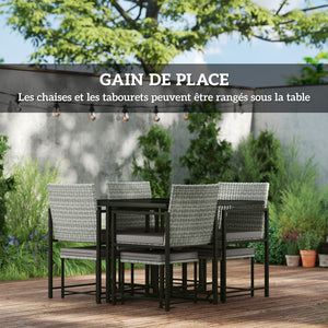 Salon de jardin extérieur en résine tressée 8 places, table et chaises de jardin extérieur avec 4 fauteuils, 4 tabourets, coussins et plateau en verre trempé, pour terrasse patio balcon, gris