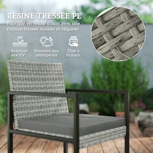 Salon de jardin extérieur en résine tressée 8 places, table et chaises de jardin extérieur avec 4 fauteuils, 4 tabourets, coussins et plateau en verre trempé, pour terrasse patio balcon, gris
