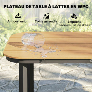 Table de Jardin Rectangulaire pour 4-6 Personnes, Plateau en WPC à Lattes, Bords Arrondis, Structure en Métal, Table à Manger de Jardin pour Balcon Terrasse, 155x88x72cm, Naturel
