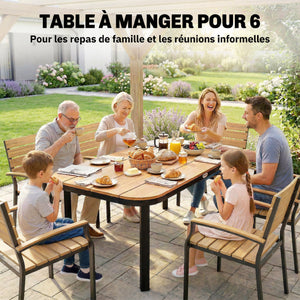Table de Jardin Rectangulaire pour 4-6 Personnes, Plateau en WPC à Lattes, Bords Arrondis, Structure en Métal, Table à Manger de Jardin pour Balcon Terrasse, 155x88x72cm, Naturel