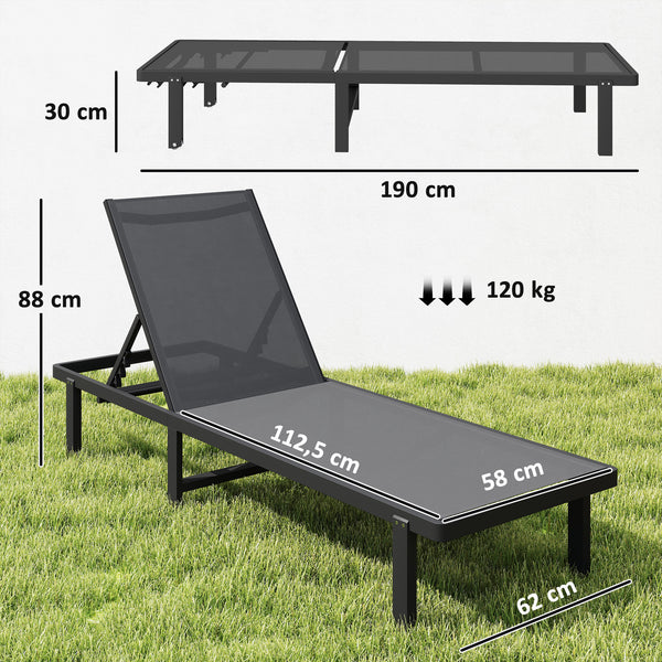 Bain de Soleil en Aluminium avec Roulettes - Transat de Jardin Inclinable à Plat 4 Positions et Textilène 530g/m² - Chaise Longue de Piscine Anti-Rouille, Gris Foncé