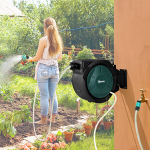 Enrouleur Tuyau Arrosage Mural 30 m x Ø 15 mm, Dévidoir Automatique de Tuyaux d'Eau Rétractable Automatique Pivotant à 180°, Buse à 7 Modes, pour Jardin et Lavage de Voiture, Noir