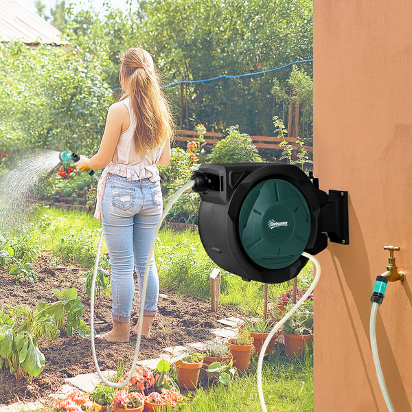Enrouleur Tuyau Arrosage Mural 30 m x Ø 15 mm, Dévidoir Automatique de Tuyaux d'Eau Rétractable Automatique Pivotant à 180°, Buse à 7 Modes, pour Jardin et Lavage de Voiture, Noir