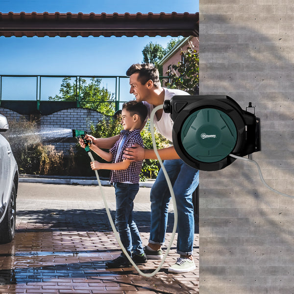 Enrouleur Tuyau Arrosage Mural 30 m x Ø 15 mm, Dévidoir Automatique de Tuyaux d'Eau Rétractable Automatique Pivotant à 180°, Buse à 7 Modes, pour Jardin et Lavage de Voiture, Noir