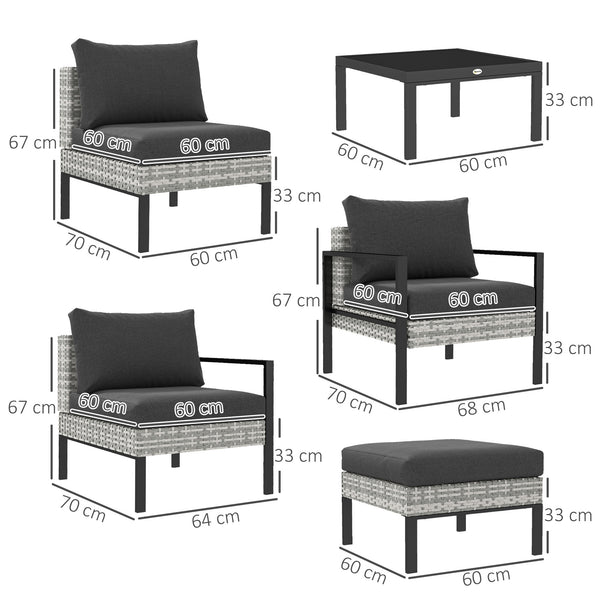 Salon de jardin extérieur 5 personnes, salon de balcon en résine tressée avec fauteuils, pouf et table basse, coussins déhoussables inclus, charge 120 kg, gris clair