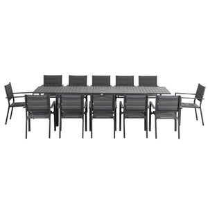 Salon de jardin extérieur en aluminium et textilène table extensible 12 personnes - 12 chaises empilables - dim. table 200/300L x 90l x 75H cm gris