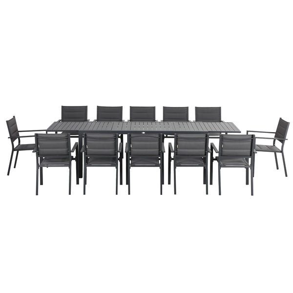 Salon de jardin extérieur en aluminium et textilène table extensible 12 personnes - 12 chaises empilables - dim. table 200/300L x 90l x 75H cm gris