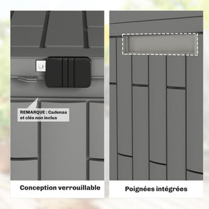Coffre de Rangement Extérieur 227 L Verrouillable avec Vérin à Gaz, Boîte de Jardin en Aspect Bois Résistant aux UV, pour Outils Accessoires, 106,5x43x54,5cm, Gris