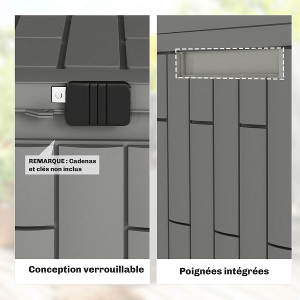 Coffre de Rangement Extérieur 227 L Verrouillable avec Vérin à Gaz, Boîte de Jardin en Aspect Bois Résistant aux UV, pour Outils Accessoires, 106,5x43x54,5cm, Gris