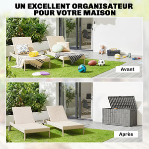 Coffre de Rangement Extérieur 227 L Verrouillable avec Vérin à Gaz, Boîte de Jardin en Aspect Bois Résistant aux UV, pour Outils Accessoires, 106,5x43x54,5cm, Gris