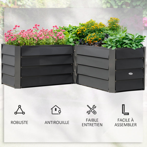 Carré potager de jardin jardinière d'angle en L sans fond - 115 x 115 x 44 cm acier galvanisé gris foncé
