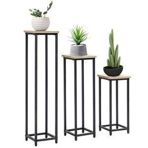 Lot de 3 supports pot de fleurs porte-plantes carrées empilables - 21 x 21 x 50/70/90 cm - acier