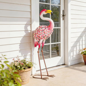 Statue de Jardin Flamant Rose, Sculpture d'Oiseau en Métal avec Plumes Florales, Décoration Extérieure avec Piquets de Fixation pour Jardin, Terrasse ou Paysage, Rouge