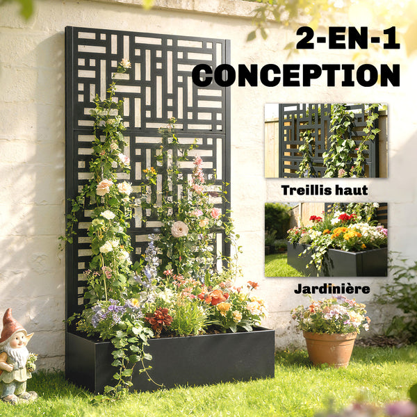 Jardinière avec treillis, bac à fleurs en acier galvanisé, lit surélevé avec brise-vue, trous de drainage, motif géométrique, pour plantes grimpantes, légumes, 90 x 40 x 180 cm, noir