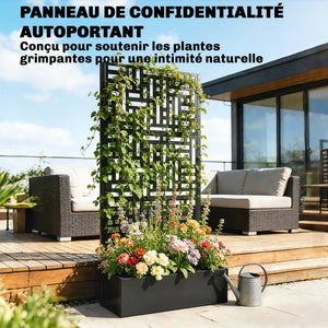 Jardinière avec treillis, bac à fleurs en acier galvanisé, lit surélevé avec brise-vue, trous de drainage, motif géométrique, pour plantes grimpantes, légumes, 90 x 40 x 180 cm, noir