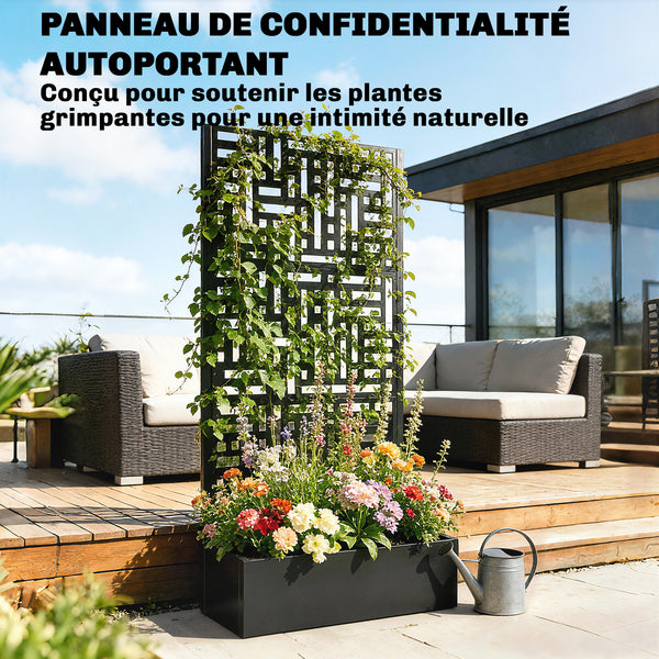 Jardinière avec treillis, bac à fleurs en acier galvanisé, lit surélevé avec brise-vue, trous de drainage, motif géométrique, pour plantes grimpantes, légumes, 90 x 40 x 180 cm, noir