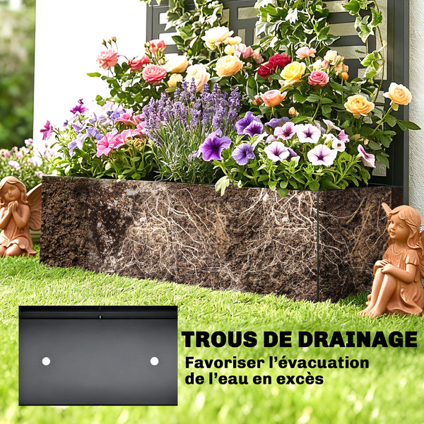 Jardinière avec treillis, bac à fleurs en acier galvanisé, lit surélevé avec brise-vue, trous de drainage, motif géométrique, pour plantes grimpantes, légumes, 90 x 40 x 180 cm, noir