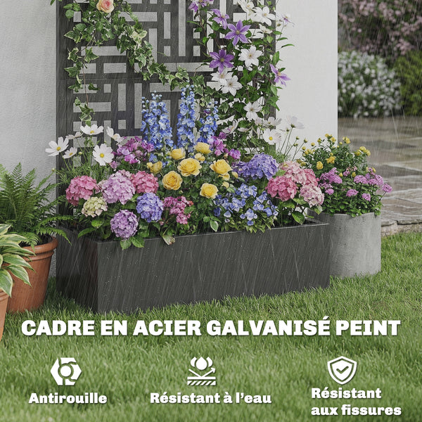 Jardinière avec treillis, bac à fleurs en acier galvanisé, lit surélevé avec brise-vue, trous de drainage, motif géométrique, pour plantes grimpantes, légumes, 90 x 40 x 180 cm, noir