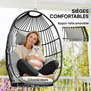 Fauteuil suspendu, fauteuil œuf suspendu, chaise hamac balançoire - panier pliable, coussins rembourrés, porte-gobelet, oreiller, pour intérieur et extérieur, capacité de 120 kg, gris foncé