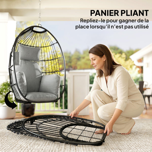 Fauteuil suspendu, fauteuil œuf suspendu, chaise hamac balançoire - panier pliable, coussins rembourrés, porte-gobelet, oreiller, pour intérieur et extérieur, capacité de 120 kg, gris foncé
