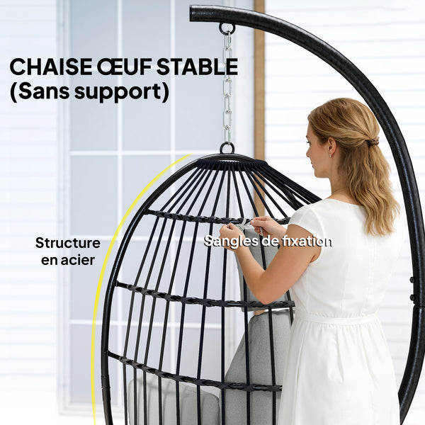 Fauteuil suspendu, fauteuil œuf suspendu, chaise hamac balançoire - panier pliable, coussins rembourrés, porte-gobelet, oreiller, pour intérieur et extérieur, capacité de 120 kg, gris foncé