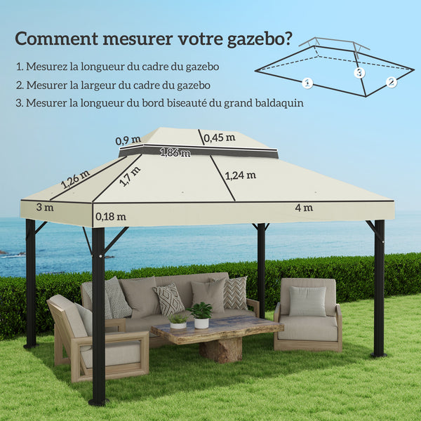 Toile de rechange pour pavillon toile de tonnelle 4 x 3 m, toit double avec trous de drainage, polyester haute densité 370 g/m², protection solaire UPF30+, TOILE INCLUS UNIQUEMENT, crème