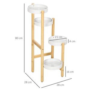 Support pour plantes piédestal étagère à fleurs avec 4 niveaux étagères rondes en bambou et métal pour extérieur intérieur 28 x 28 x 80 cm blanc