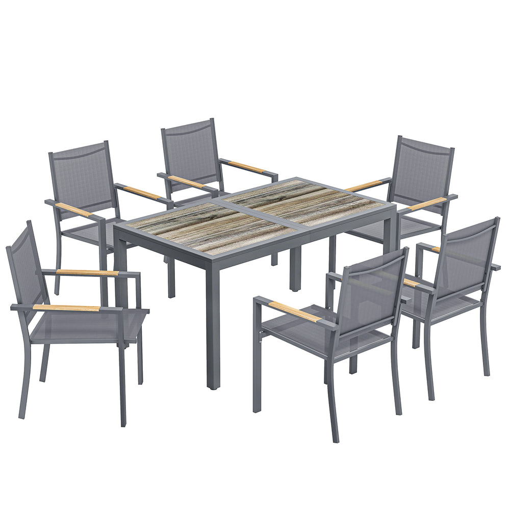 Ensemble Salle à Manger Extérieur 7 Pièces, Table et 6 Chaises Empilables, Plateau Faux Bois, Maille Respirante, Gris Foncé