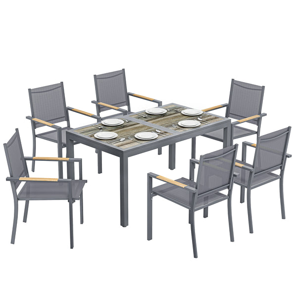Ensemble Salle à Manger Extérieur 7 Pièces, Table et 6 Chaises Empilables, Plateau Faux Bois, Maille Respirante, Gris Foncé