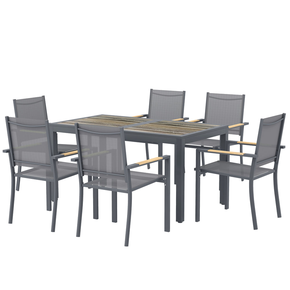 Ensemble Salle à Manger Extérieur 7 Pièces, Table et 6 Chaises Empilables, Plateau Faux Bois, Maille Respirante, Gris Foncé