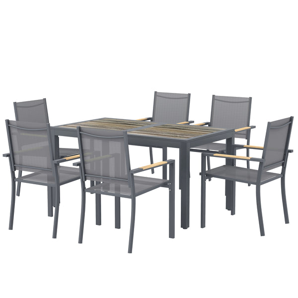 Ensemble Salle à Manger Extérieur 7 Pièces, Table et 6 Chaises Empilables, Plateau Faux Bois, Maille Respirante, Gris Foncé