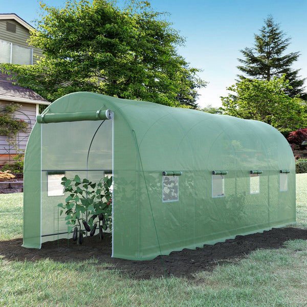 Serre de Jardin Tunnel Surface Sol 10 m² 5L x 2l x 2,05H m châssis Tubulaire renforcé Porte zippée 8 fenêtres enroulables Vert