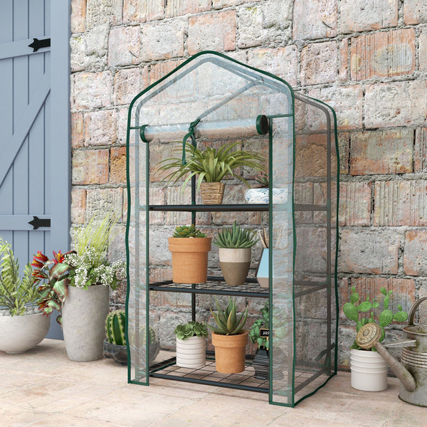 Serre de jardin avec étagères 3 niveaux, serre de balcon, bâche renforcée PVC, châssis en acier, porte zippée enroulable, pour légumes plantes fleurs, 59 x 39 x 127 cm, transparent