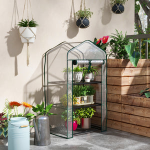 Serre de jardin avec étagères 3 niveaux, serre de balcon, bâche renforcée PVC, châssis en acier, porte zippée enroulable, pour légumes plantes fleurs, 59 x 39 x 127 cm, transparent