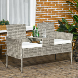 Banc de Jardin en résine tressée 2 Places avec Table et Coussins, 135 x 64 x 81 cm, pour Balcon et Terrasse, Canapé Extérieur, Résistant aux Intempéries, Noir crème