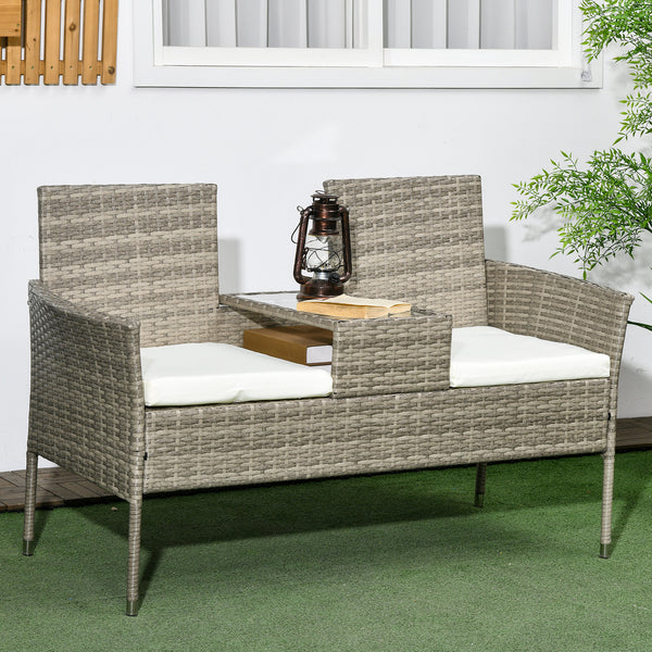 Banc de Jardin en résine tressée 2 Places avec Table et Coussins, 135 x 64 x 81 cm, pour Balcon et Terrasse, Canapé Extérieur, Résistant aux Intempéries, Noir crème