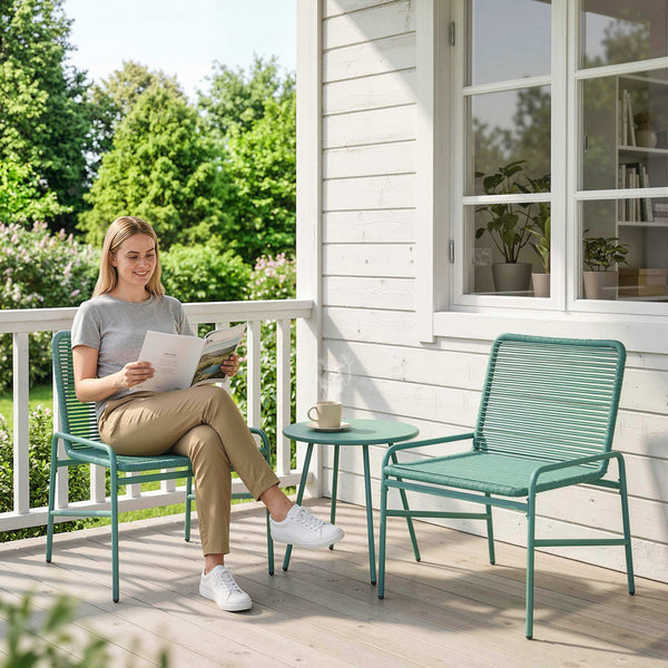 Salon de Jardin Extérieur 3 Pièces en Résine Tressée, Table de Jardin Ronde avec 2 Chaises, Pieds Ajustables, Cadre en Acier Galvanisé, Mobilier de Jardin pour Balcon Terrasse Patio, Vert